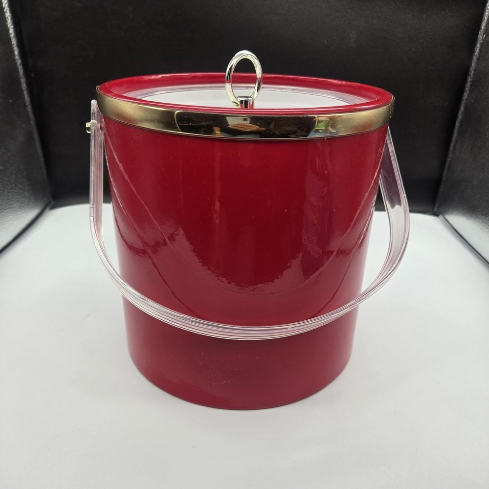 Vintage Ice Bucket Bright Red Lucite Handle Made In USA Retro 1970s